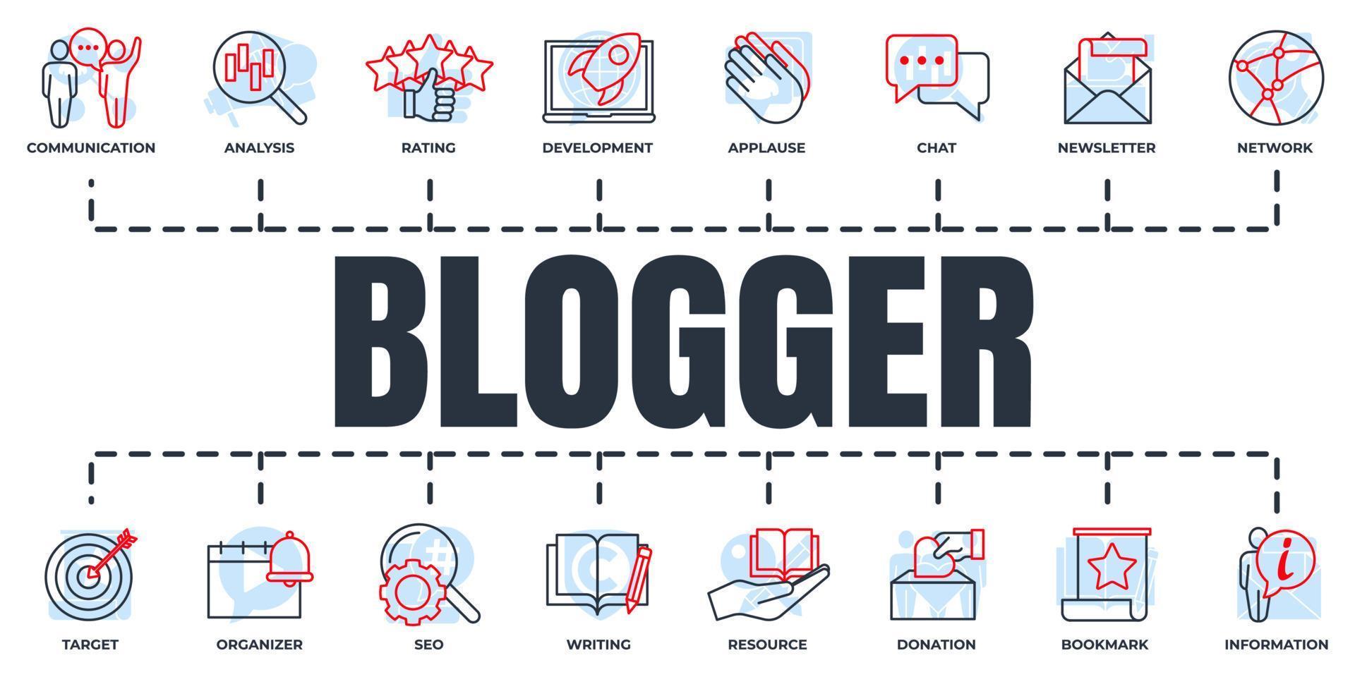 Blogger, blogging banner web icon set. rating, donation, organizer, applause, network, seo, writing and more vector illustration concept.
