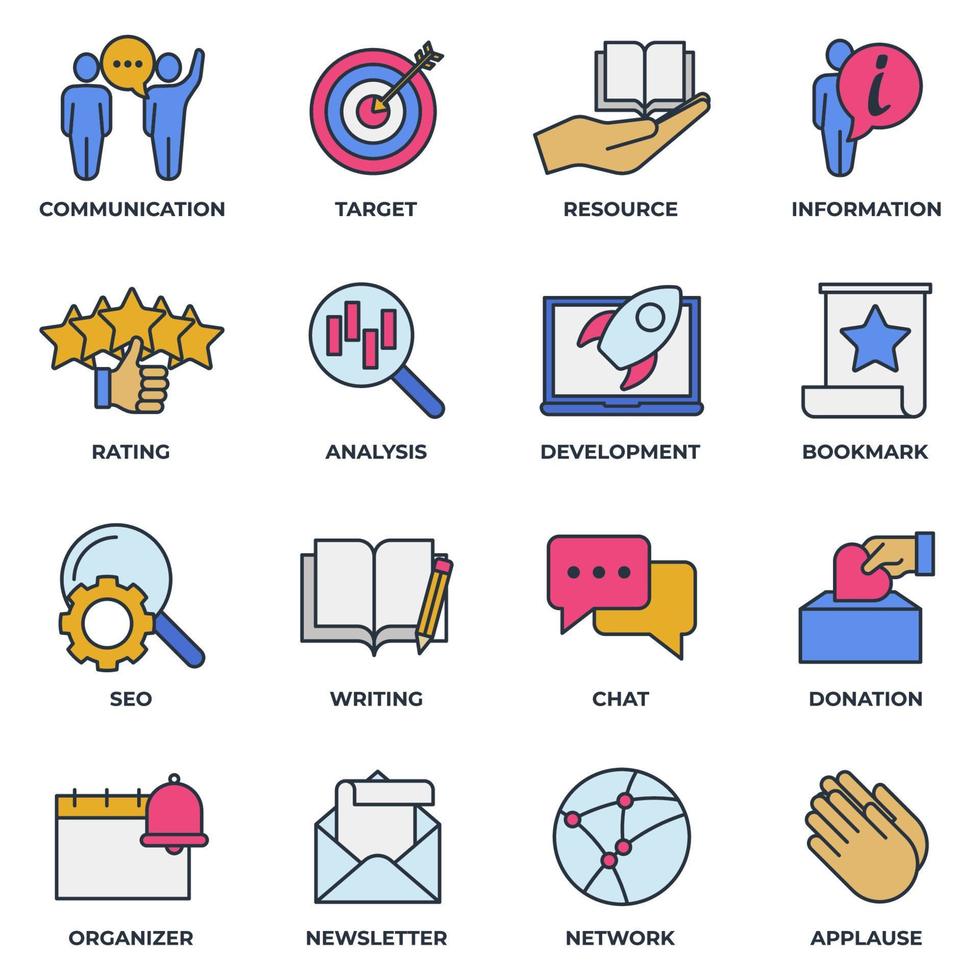 Set of Blogger, blogging icon logo vector illustration. newsletter, target, communication, resource, development, analysis and more pack symbol template for graphic and web design collection