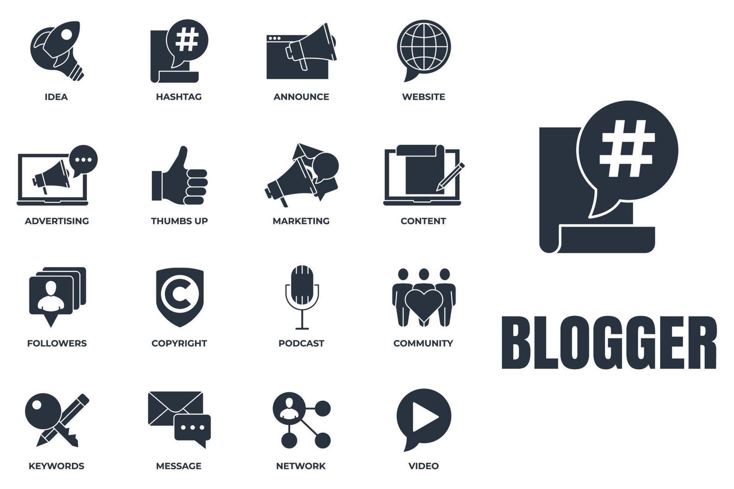 Set of Blogger, blogging icon logo vector illustration. followers, keywords, idea, copyright, announce, website and more pack symbol template for graphic and web design collection