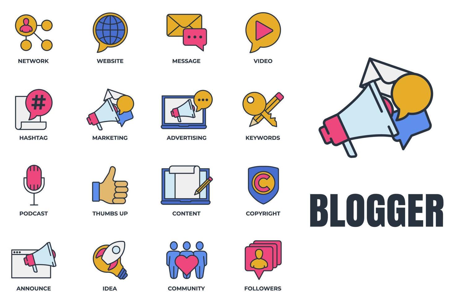 conjunto de blogger, icono de blogging logo vector ilustración. seguidores, palabras clave, idea, derechos de autor, anuncio, sitio web y más plantilla de símbolo de paquete para la colección de diseño gráfico y web