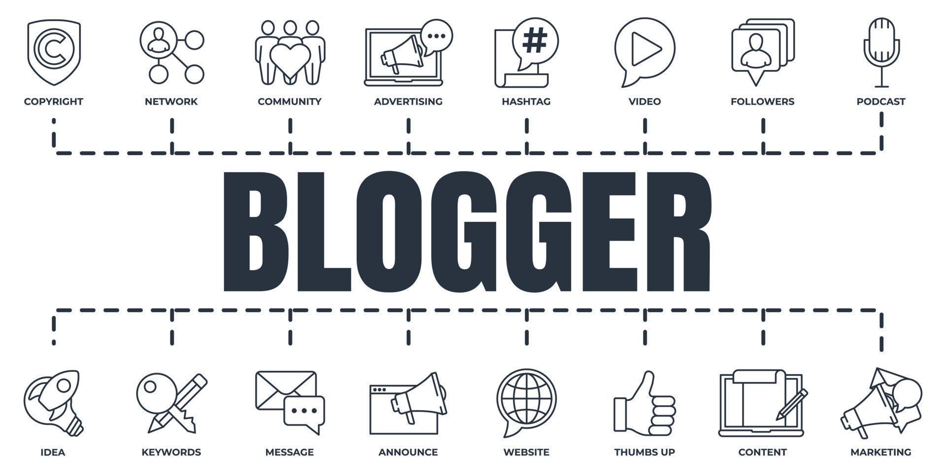 Blogger, blogging banner web icon set. podcast, community, message, thumbs up, website, marketing, network and more vector illustration concept.