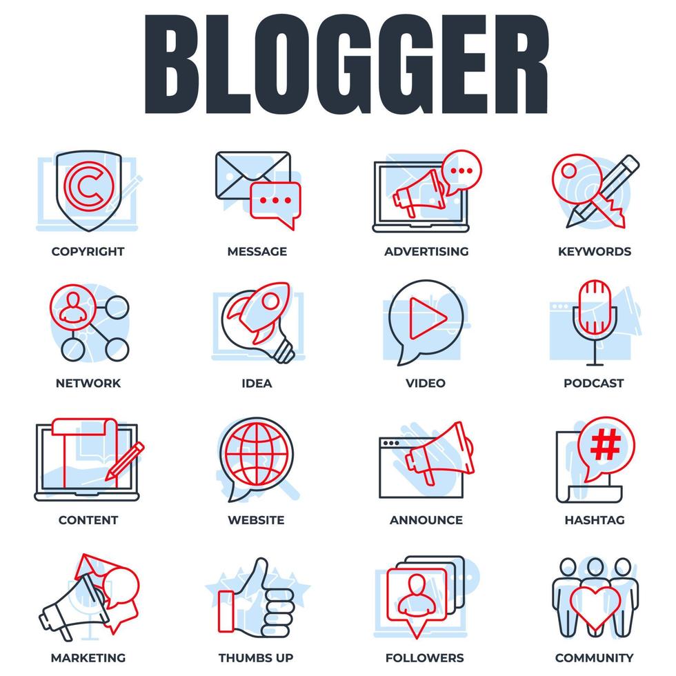 Set of Blogger, blogging icon logo vector illustration. followers, keywords, idea, copyright, announce, website and more pack symbol template for graphic and web design collection