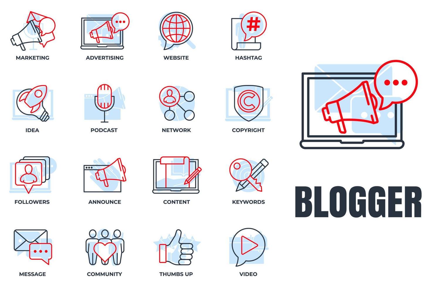 Set of Blogger, blogging icon logo vector illustration. followers, keywords, idea, copyright, announce, website and more pack symbol template for graphic and web design collection