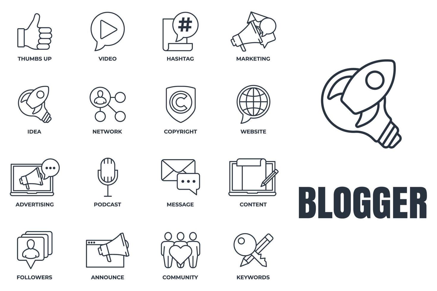 Set of Blogger, blogging icon logo vector illustration. followers, keywords, idea, copyright, announce, website and more pack symbol template for graphic and web design collection