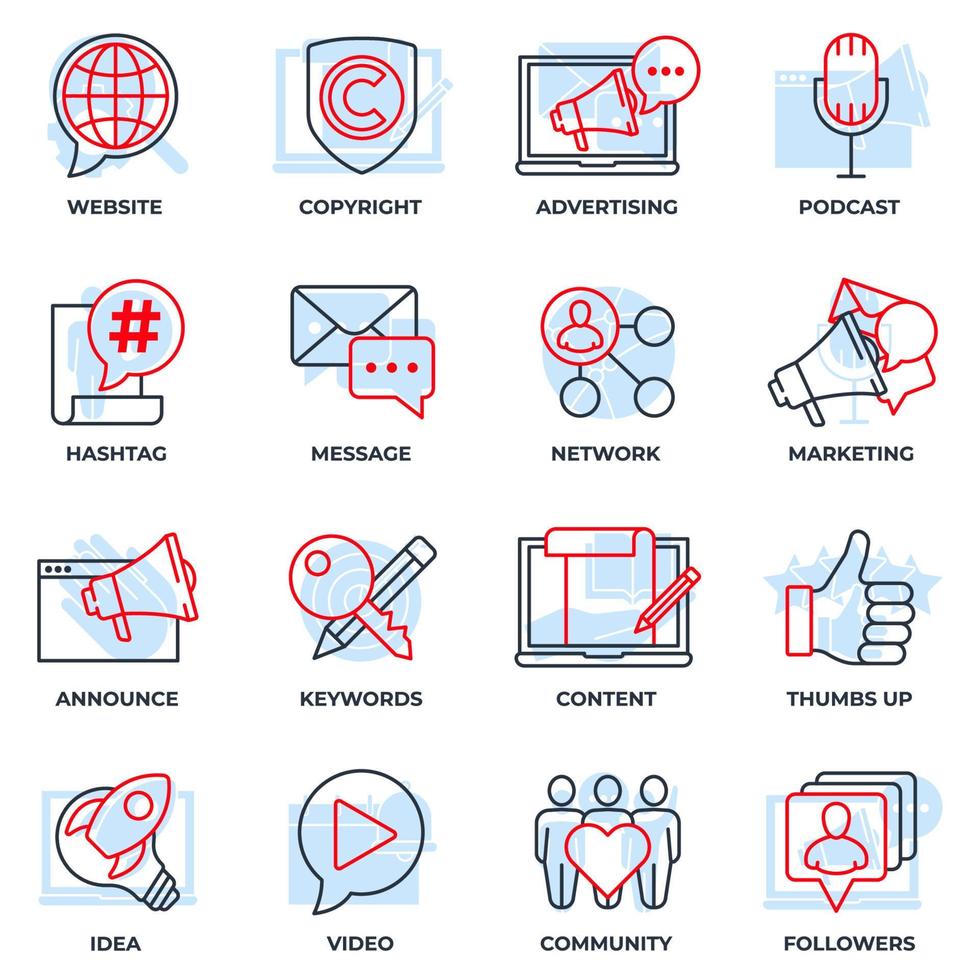 Set of Blogger, blogging icon logo vector illustration. followers, keywords, idea, copyright, announce, website and more pack symbol template for graphic and web design collection