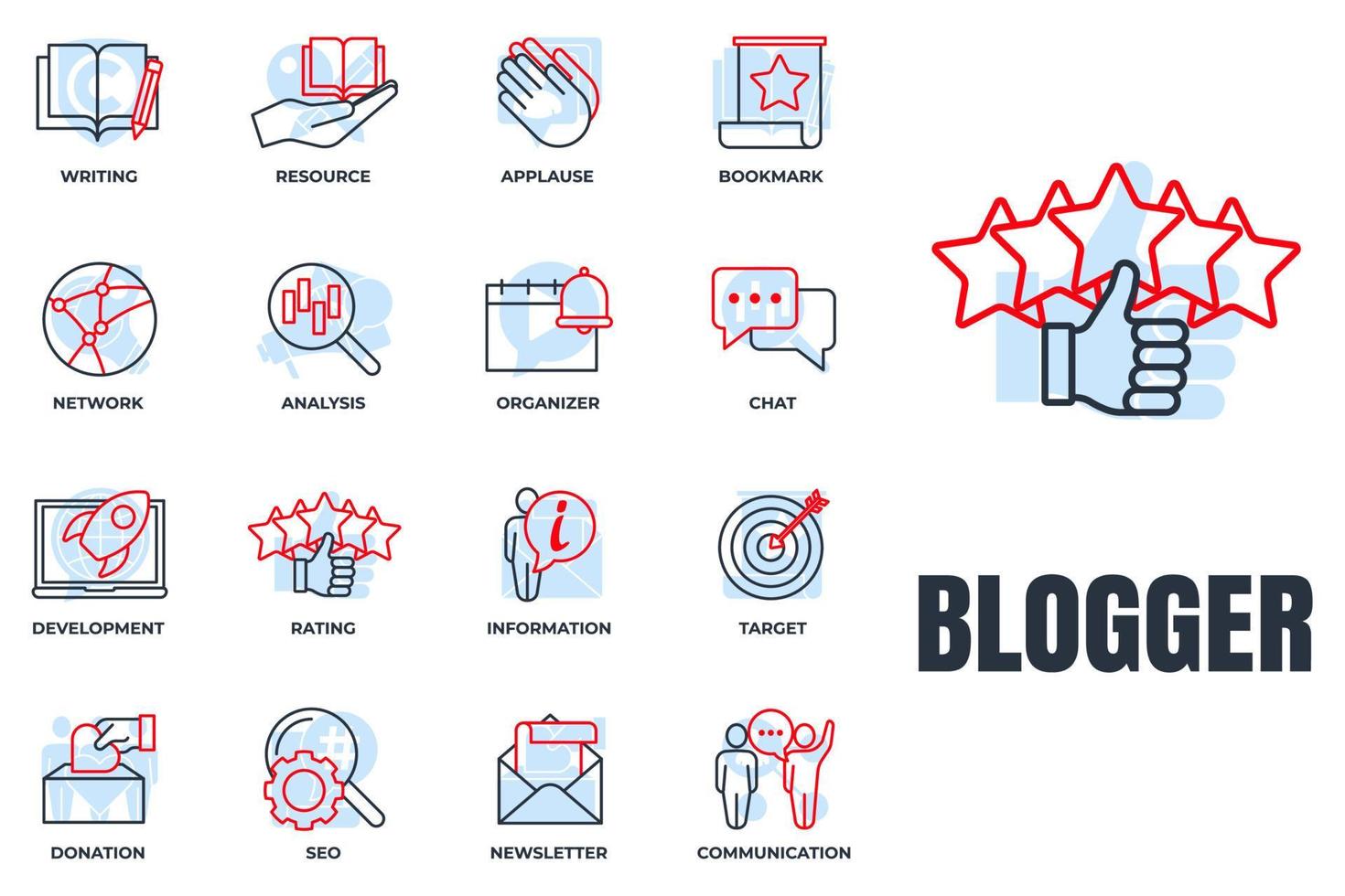 conjunto de blogger, ilustración de vector de logotipo de icono de blogs. boletín, objetivo, comunicación, recurso, desarrollo, análisis y más plantilla de símbolo de paquete para la colección de diseño gráfico y web