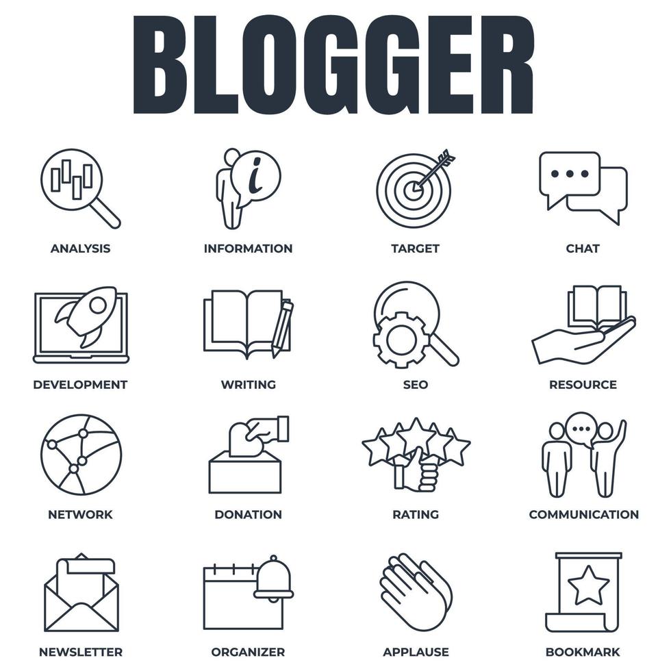 conjunto de blogger, ilustración de vector de logotipo de icono de blogs. boletín, objetivo, comunicación, recurso, desarrollo, análisis y más plantilla de símbolo de paquete para la colección de diseño gráfico y web