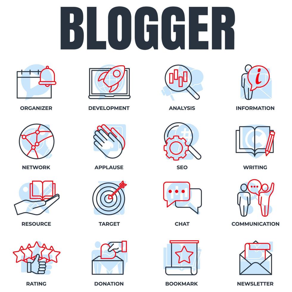 Set of Blogger, blogging icon logo vector illustration. newsletter, target, communication, resource, development, analysis and more pack symbol template for graphic and web design collection