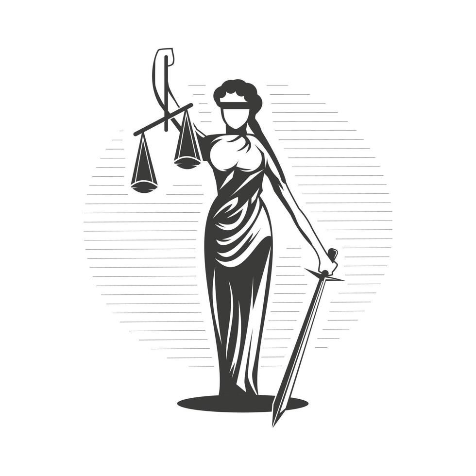 mujer justicia ilustración justicia símbolo diseño- mujer sosteniendo escalas y espada. vector
