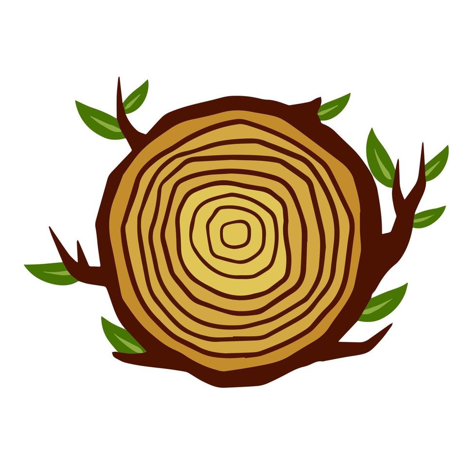 tronco de árbol cortado. sección transversal del tocón. patrón circular concéntrico en madera marrón. maderero e icono de la industria de la carpintería. rama con hojas vector