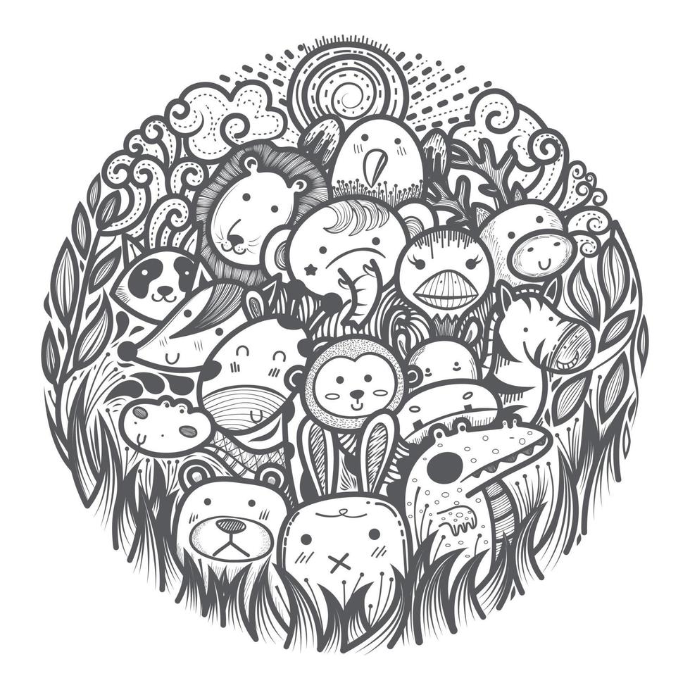 lindo doodle art animales salvajes en un círculo. vector