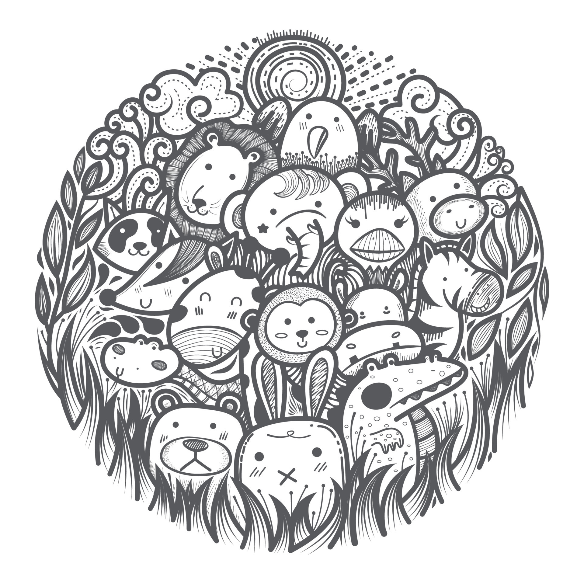 cute doodle art wild animals in a circle. 11864384 Vector Art at Vecteezy