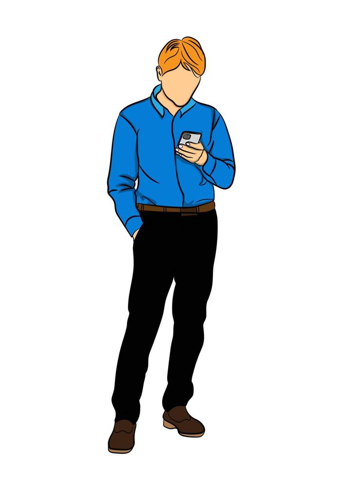 drawing sketch business man holding smart phone vector illustration concept business with phone connection