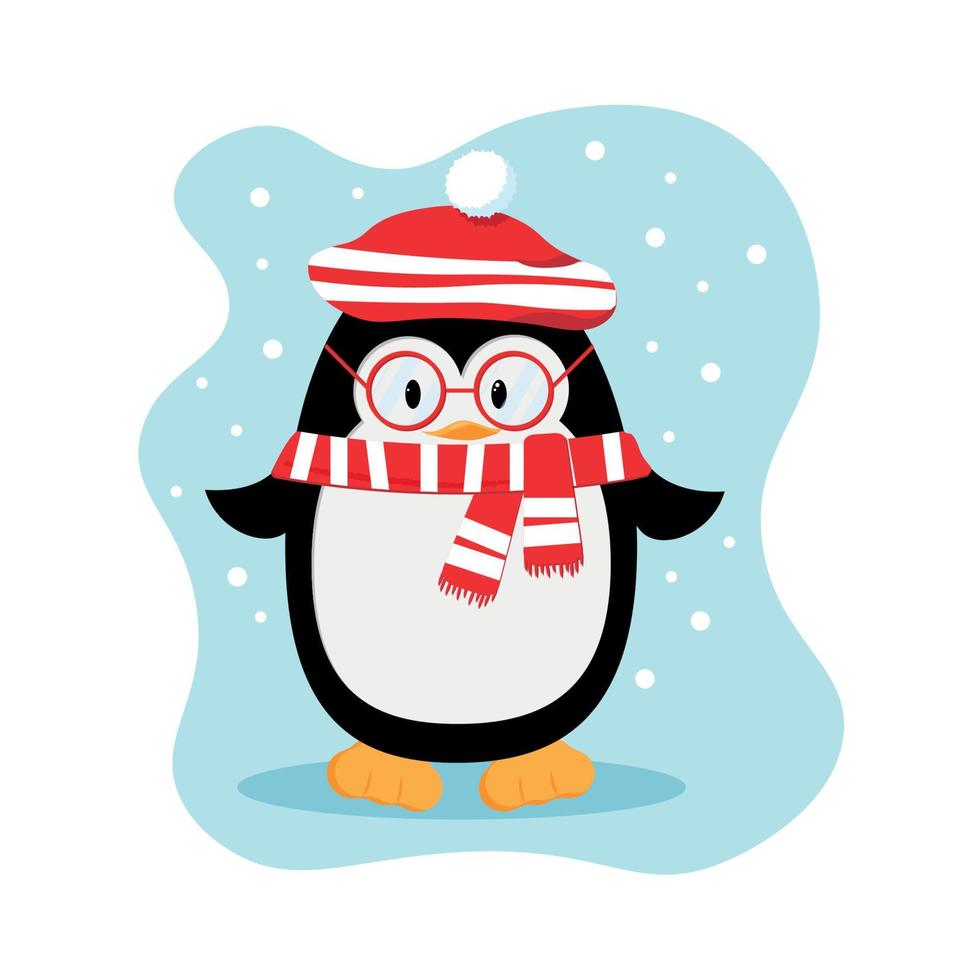 animales divertidos linda ilustración de invierno de navidad de un pingüino con ropa abrigada, bufanda y sombrero y con gafas rojas ... patrón de etiqueta de postal vector