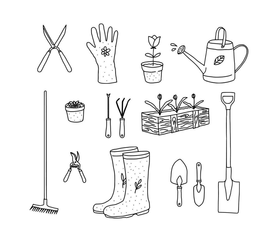 Set of cartoon gardening tools, plants and animals, fruit and vegetables, black and white outline vector