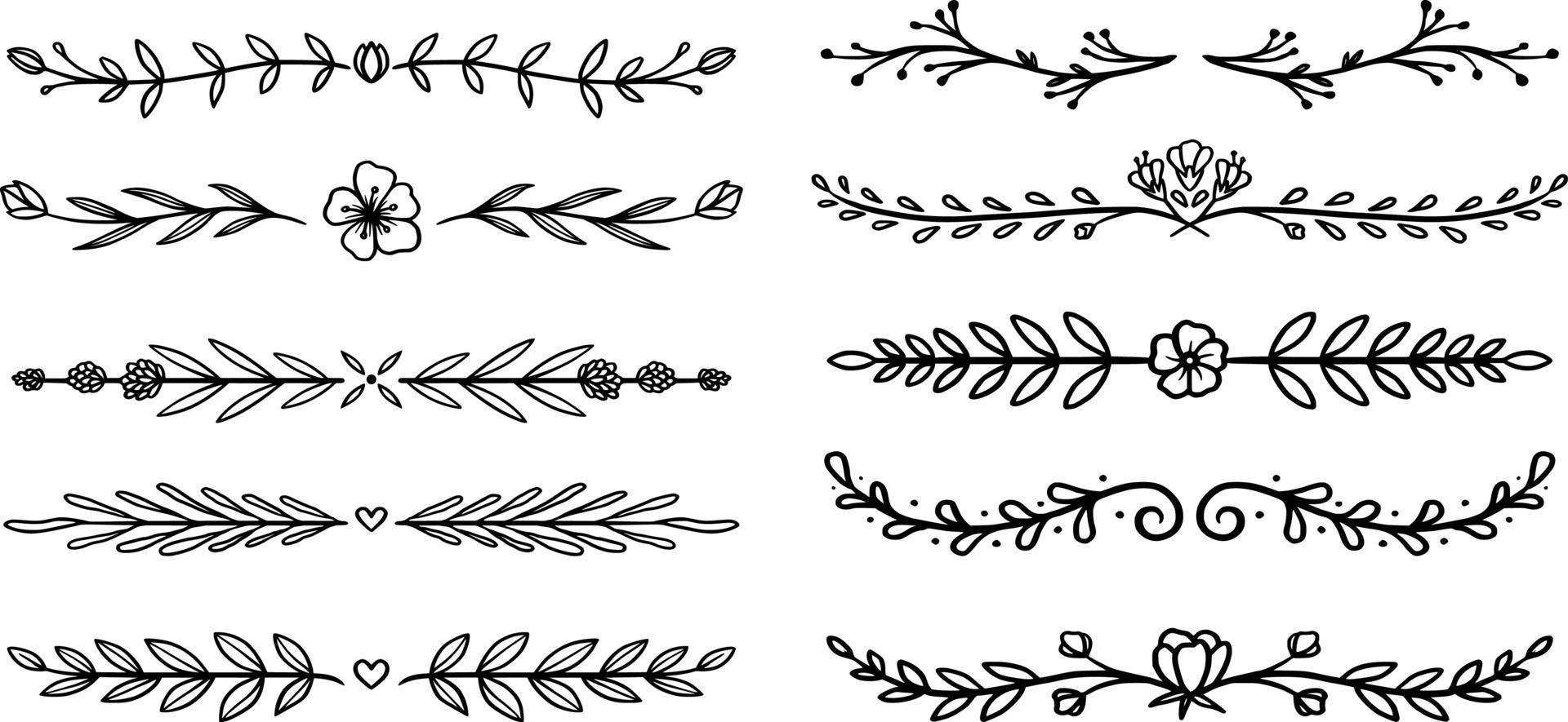 Black Hand Drawn Doodle Dividers, Line Borders with Branches, Herbs, Plants and Flowers. Decorative Outlined Vector Illustration. Floral Dividers Collections