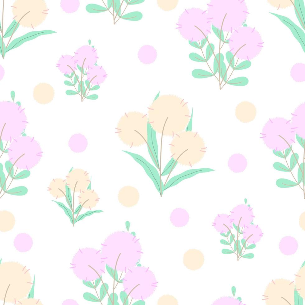 Seamless pattern of pink and yellow pastel mimosa flowers on white background. Can be used for spring background, baby fabric printing, or flower wallpaper vector