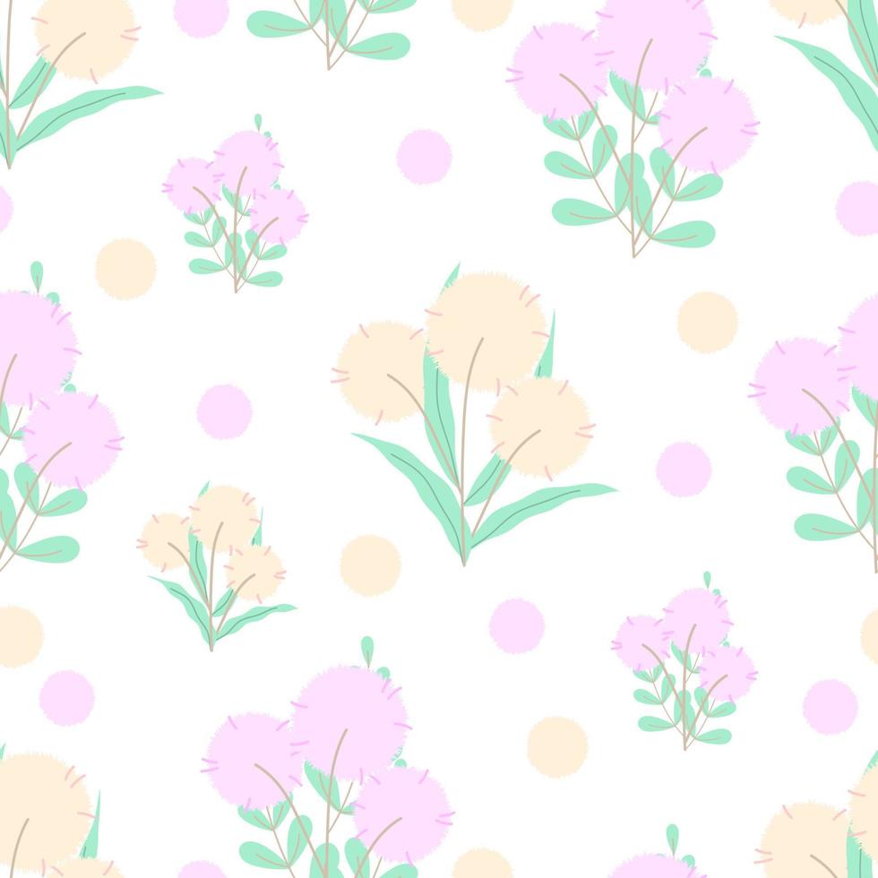 Seamless pattern of pink and yellow pastel mimosa flowers on white background. Can be used for spring background, baby fabric printing, or flower wallpaper vector