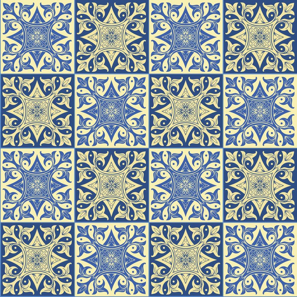 Hand drawing seamless pattern for tile in blue and yellow colors. vector