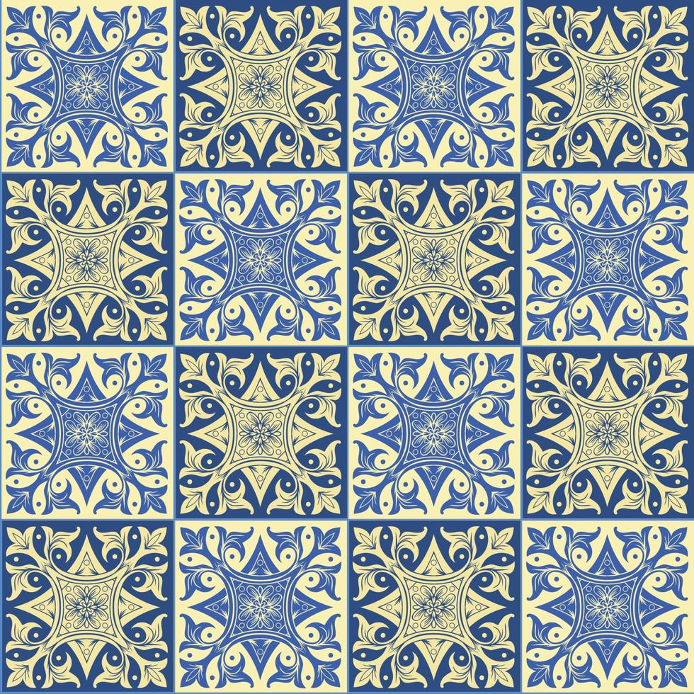 Hand drawing seamless pattern for tile in blue and yellow colors. vector