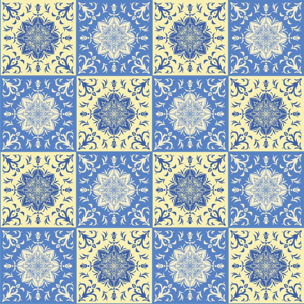 Hand drawing seamless pattern for tile in blue and yellow colors. vector