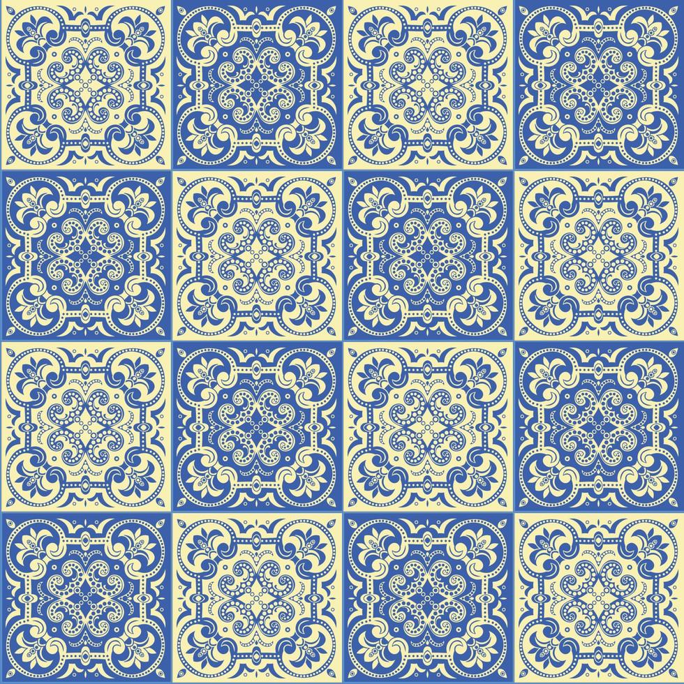 Hand drawing seamless pattern for tile in blue and yellow colors. vector