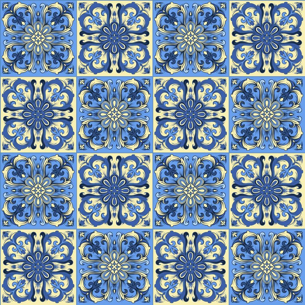 Hand drawing seamless pattern for tile in blue and yellow colors. vector