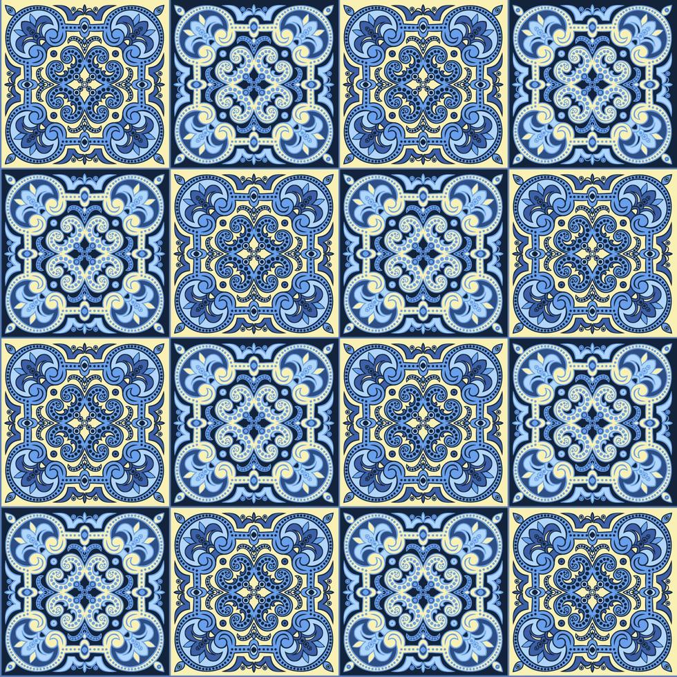 Hand drawing seamless pattern for tile in blue and yellow colors. vector
