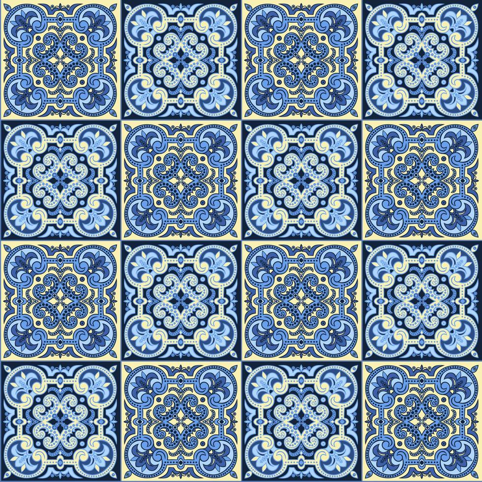 Hand drawing seamless pattern for tile in blue and yellow colors. vector