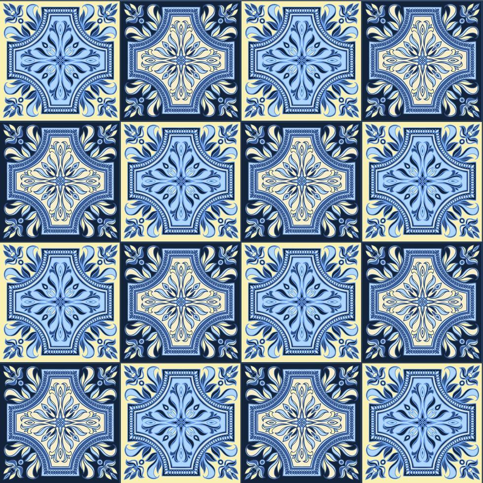 Hand drawing seamless pattern for tile in blue and yellow colors. vector