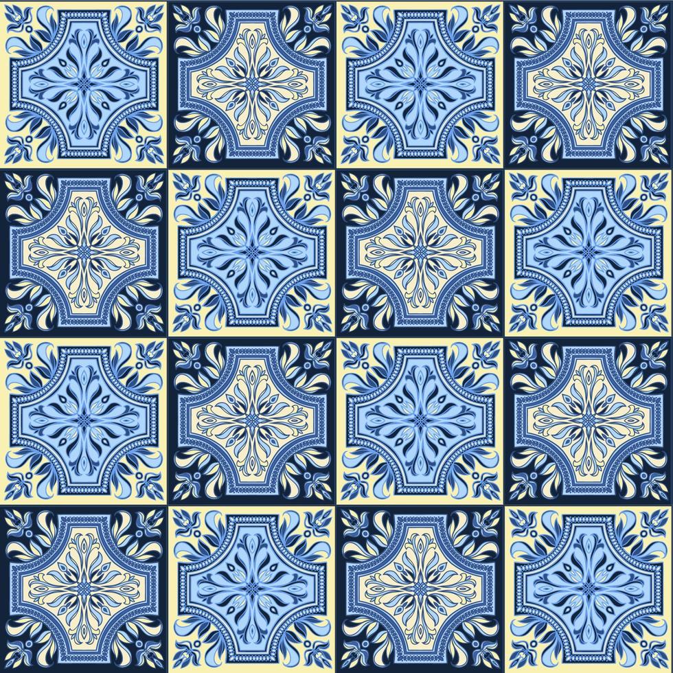 Hand drawing seamless pattern for tile in blue and yellow colors. vector