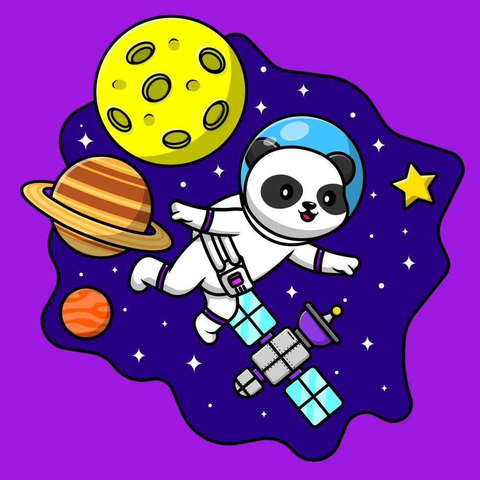 Cute Panda Astronaut Floating In Space Cartoon Vector Icon Illustration. Flat Cartoon Concept