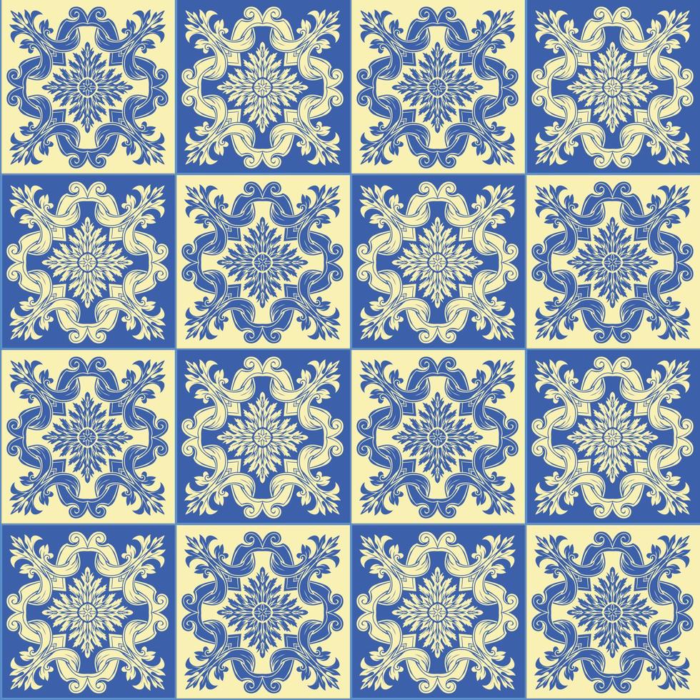Hand drawing seamless pattern for tile in blue and yellow colors. vector