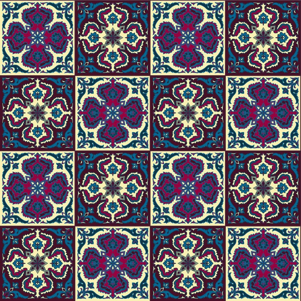 Hand drawing seamless pattern for tile in dark blue, purple and yellow colors. vector