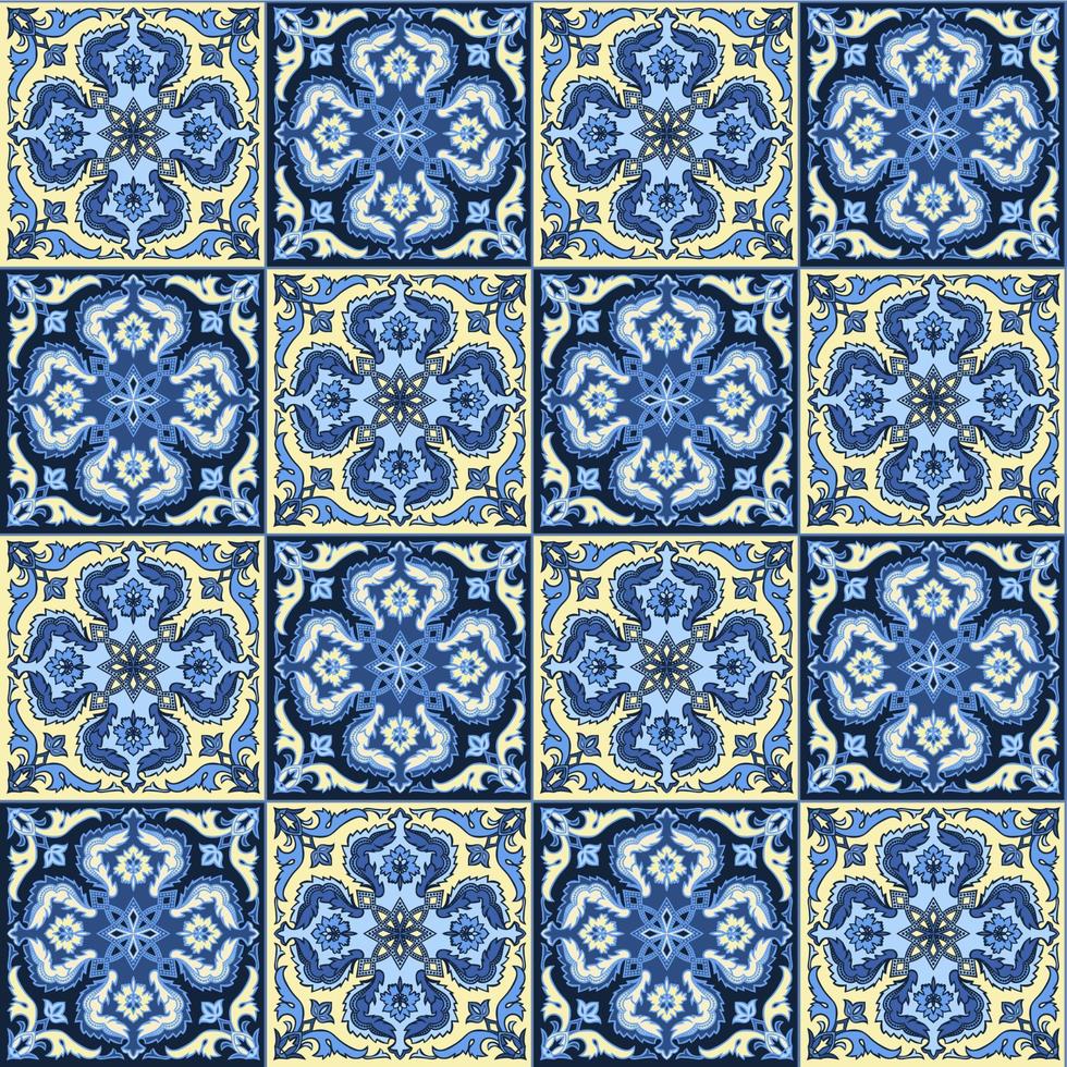 Hand drawing seamless pattern for tile in blue and yellow colors. vector