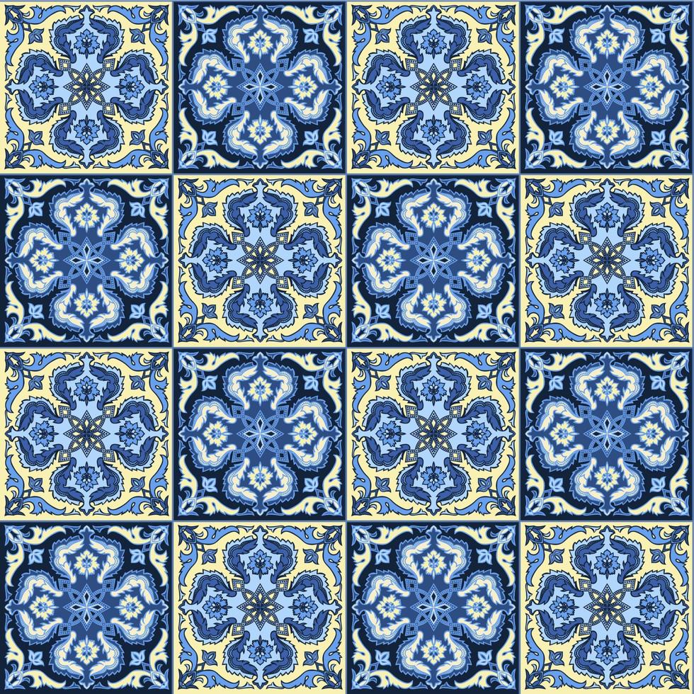 Hand drawing seamless pattern for tile in blue and yellow colors. vector