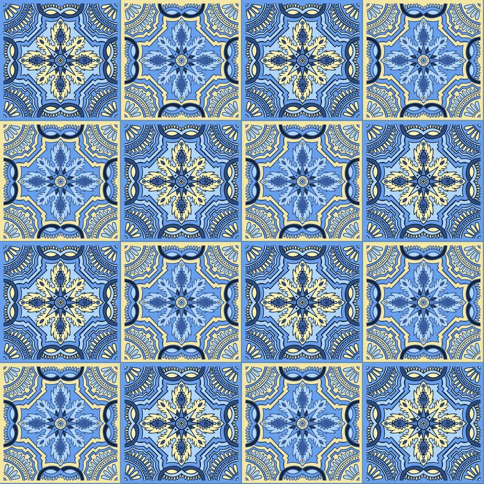 Hand drawing seamless pattern for tile in blue and yellow colors. vector