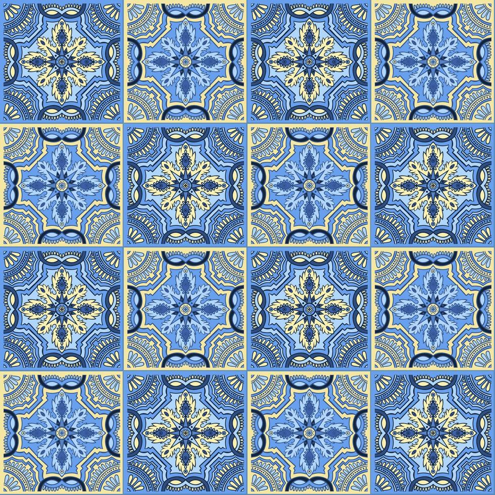 Hand drawing seamless pattern for tile in blue and yellow colors. vector