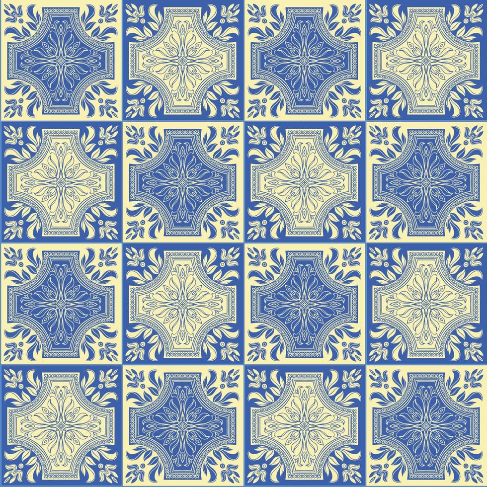 Hand drawing seamless pattern for tile in blue and yellow colors. vector