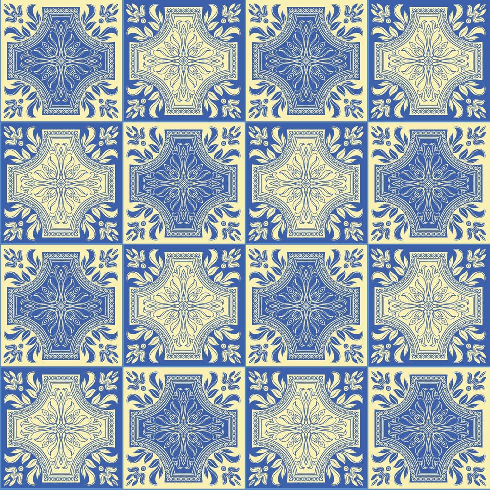 Hand drawing seamless pattern for tile in blue and yellow colors. vector