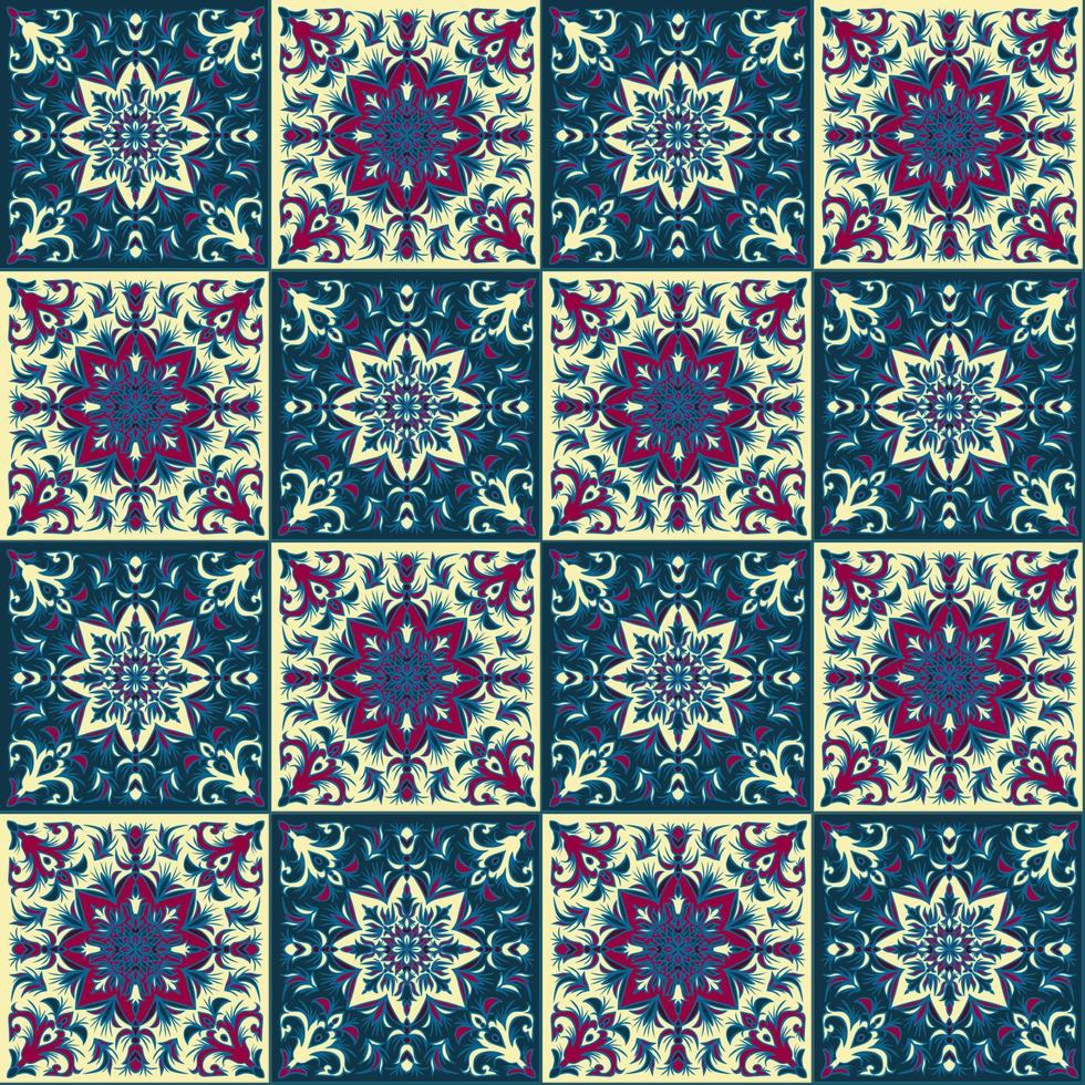 Hand drawing seamless pattern for tile in dark blue, purple and yellow colors. vector