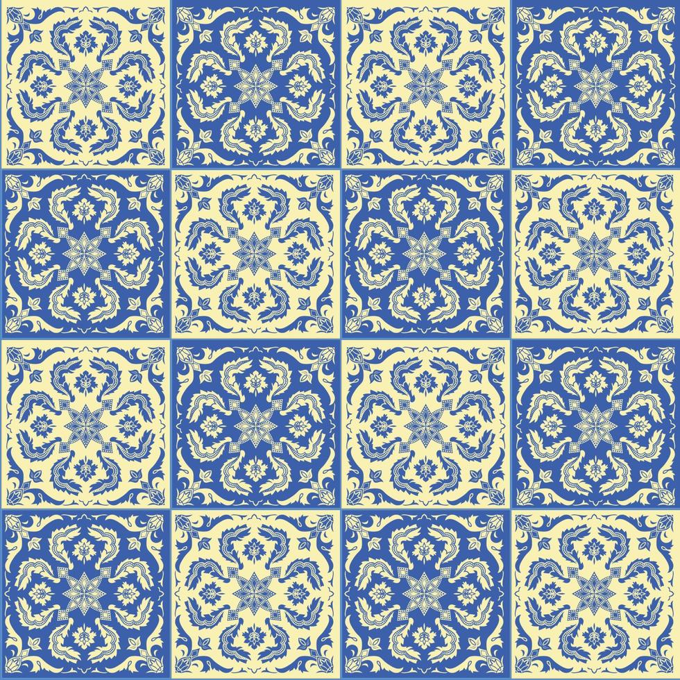 Hand drawing seamless pattern for tile in blue and yellow colors. vector
