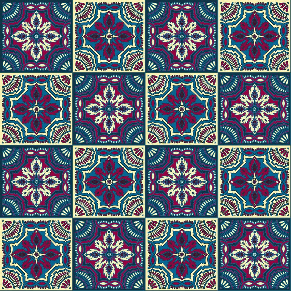 Hand drawing seamless pattern for tile in dark blue, purple and yellow colors. vector