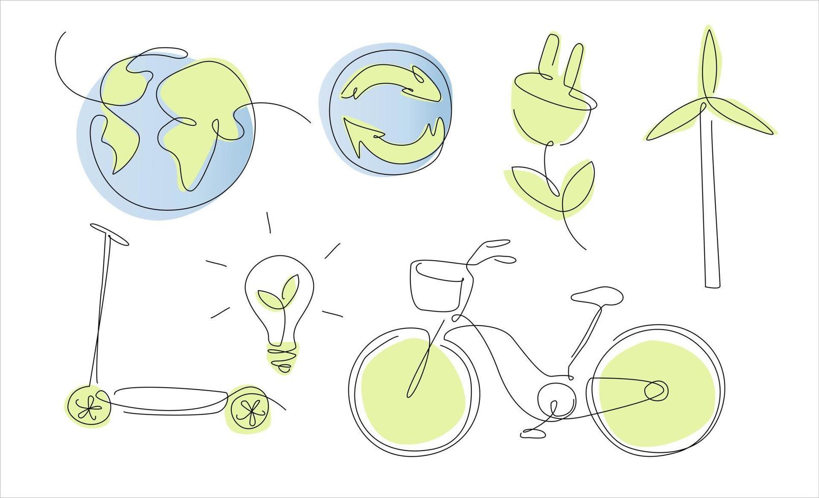 elementos de sostenibilidad de una línea. esquema de energías renovables. vida verde y planeta verde. transporte electronico vector