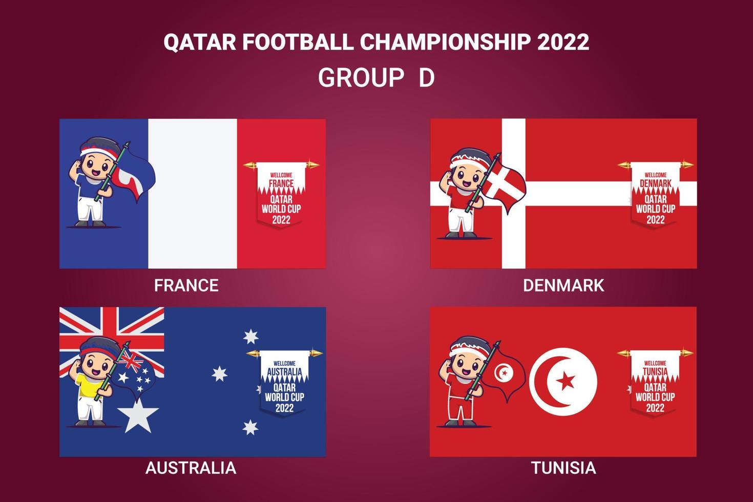 campeonato de fútbol de qatar 2022 bandera de países calificados con una mascota vector