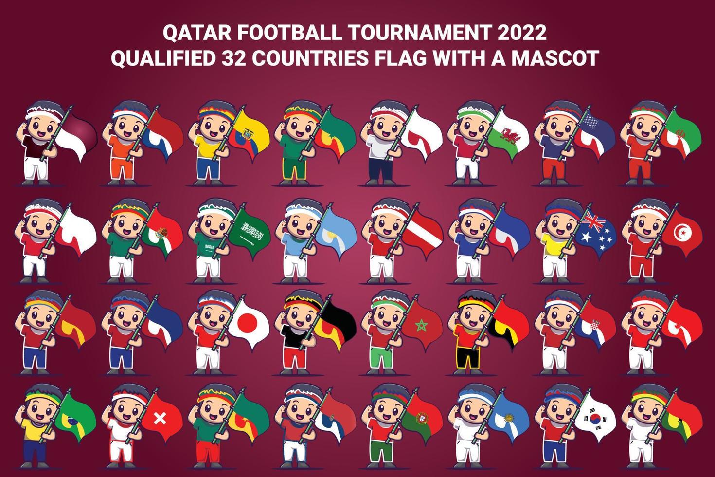 campeonato de fútbol de qatar 2022 bandera de países calificados con una mascota vector