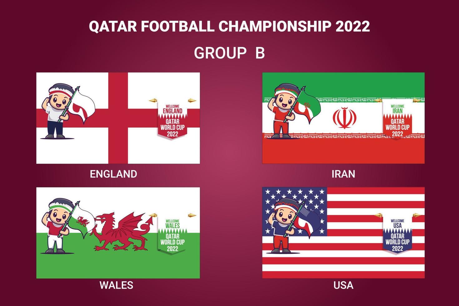 campeonato de fútbol de qatar 2022 bandera de países calificados con una mascota vector