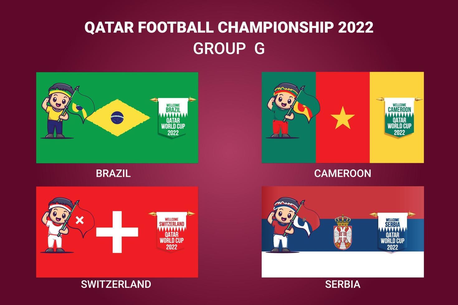 campeonato de fútbol de qatar 2022 bandera de países calificados con una mascota vector