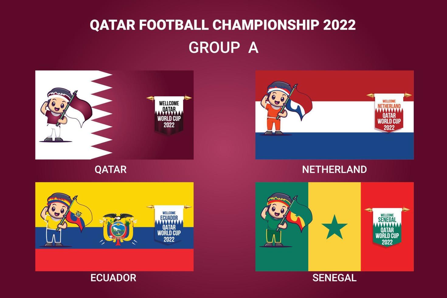 campeonato de fútbol de qatar 2022 bandera de países calificados con una mascota vector