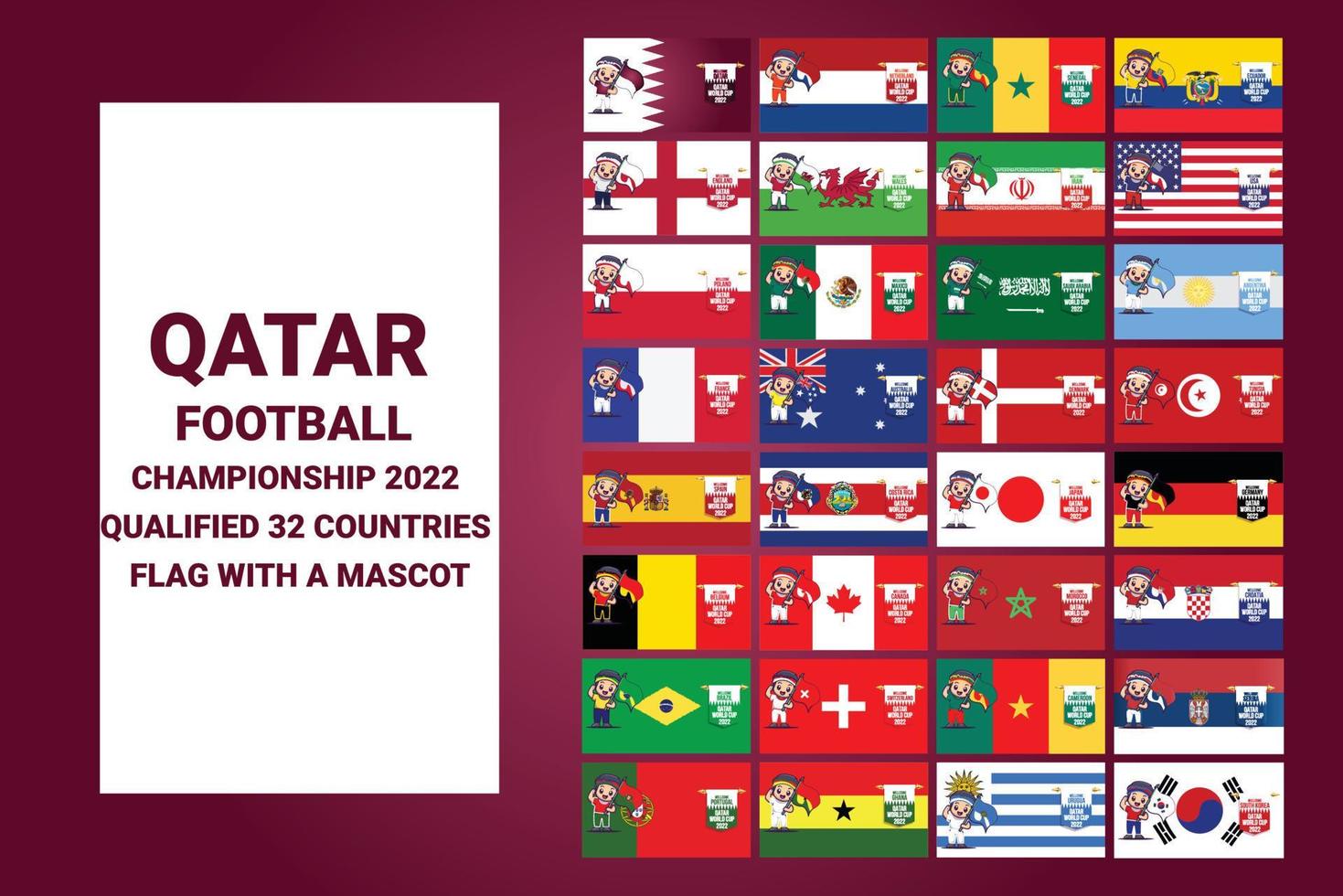 campeonato de fútbol de qatar 2022 bandera de países calificados con una mascota vector